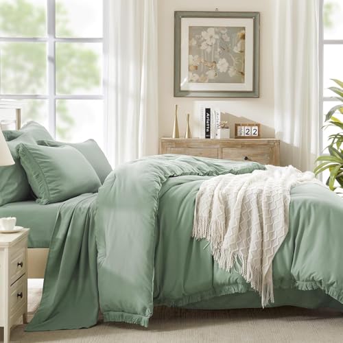 Image of Andency Oversized King Comforter Set Sage Green 120x98-7 Pieces Boho Tassel Bed in a Bag Soft Lightweight Bedding Sets, Fringe All Season Bed Set with Comforter, Sheets, Pillowcases & Shams