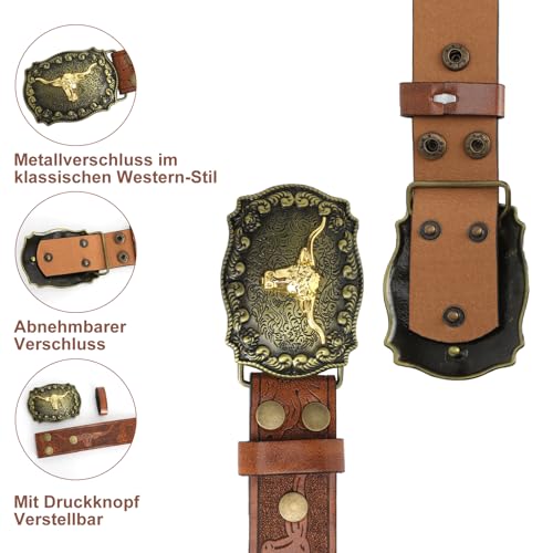 UOCAI Pasek kowbojski męski z kwiatowym zdobieniem - pasek western damski z kowbojem z rogatym bykiem, klamrą w stylu Longhorn, brązowy, dla dam w stylu country na jeansy, na co dzień, na imprezę