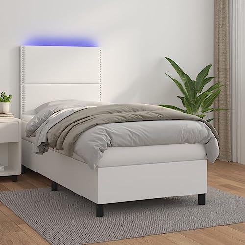 vidaXL Boxspringbett mit Matratze LED Kunstlederbett Polsterbett Einzelbett Bett Schlafzimmerbett Bettgestell Bettrahmen Lattenrost Hotelbett Weiß 100x200cm vidaXL Boxspringbett mit Matratze LED Kunstlederbett Polsterbett Einzelbett Bett Schlafzimmerbett Bettgestell Bettrahmen Lattenrost Hotelbett Weiß 100x200cm
