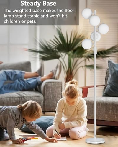 Image of 64IN Dimmable White Floor Lamp, Tall Standing Lamps with 5 Globe Soft Warm White Eye Care 3000K G9 Bulbs, Mid Century Modern Floor Lamp for Living Room Bedroom Office