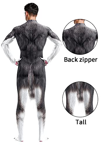 Image of Animal Full Bodysuit for Men Muscle Spandex Jumpsuit Furry Costume with Big Tail for Adult Cosplay Halloween Party