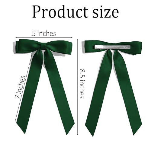 2 Pcs Satin Hair Bows for Women, Big Long Tail Bow Hair Clips, Dark Green