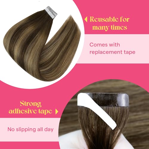 Image of Ve Sunny Hair Tape in Extensions Chocolate Brown Balayage Caramel Blonde | Hair Tape Extensions,Highlights Without Bleach,20Inch 25g 10Pcs,Silky Straight,for Wedding or Party