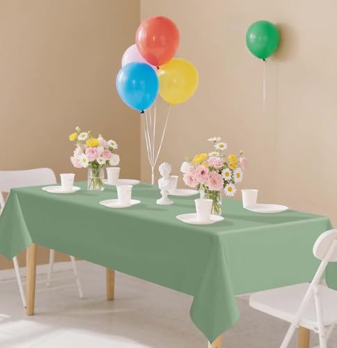 Image of SietDESEO 3 Pack Sage Green Plastic Tablecloth Rectangle 54 x 108 Premium Disposable Table Cloth Plastic Sage Table Cover for Wedding Baby Shower Party Decorations