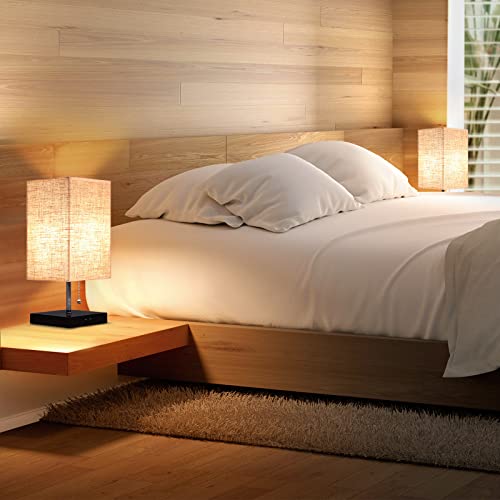 Modern Bedside Table Lamp With 2 Usb Charging Ports, Nightstand Lamp With Pull Chain Switch, Table Desk Lamp With Black Wooden Base & Flaxen Fabric Lampshade For Living Room Bedroom Dorm Office #TOP4