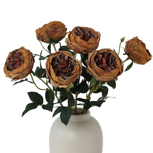 Image of mizii 6Pcs Burnt Orange Artificial Roses Flowers Fake Silk Roses Flower with Long Stem for Wedding Decorations Table Centerpieces Flower Arrangement Home Decor (Burnt Orange)