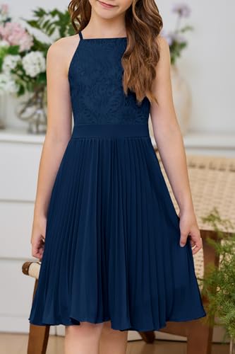 HOSIKA Girls Halter Neck Summer Sleeveless Elegant Floral Lace Chiffon A-Line Flared Swing Party Dress for 6-12 Y2