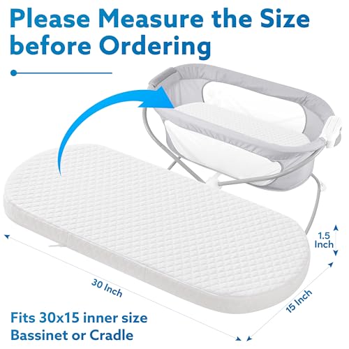 Image of Baby Bassinet Mattress Pad 30 inchx15 inch Oval - Waterproof Bamboo Cover, Premium Foam, Breathable, Hypoallergenic, Non-Toxic Topper, for Cradle and Moses Basket