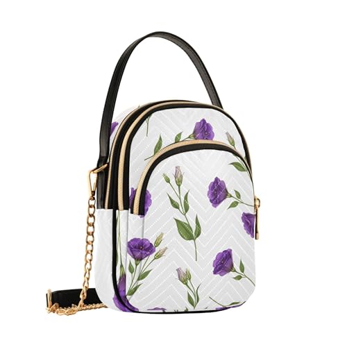 Single Shoulder Purse Women Purple Floral White Quilted Chain Wallet Cell Phone Purse Cute Zipper Crossbody Bowler Bag, 5.9" × 8.3" × 3.1"2