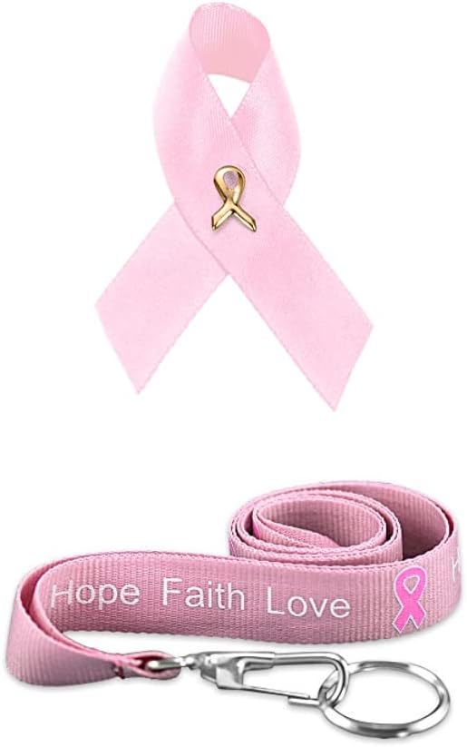 Satin Pink Ribbon Awareness Pin & Hope, Faith, Love, Awareness Lanyard - Perfect for Survivor Gift, Breast Cancer Awareness, Event Promotions, Gift-Giving, Support Groups & Care for Women