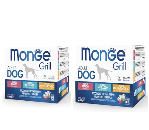 Monge Grill – Cibo umido per cani adulti grain free, bocconcini cotti al forno, pollo e tacchino, manzo e merluzzo, 24 × 100 g