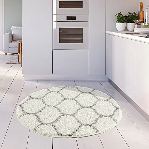 THE RUGS Shaggy Rug, Modern Moroccan Design Rugs for Living Room Bedroom, Hallway, 3 cm Thick Area Rugs, (Trellis Ivory/Grey - Image 3