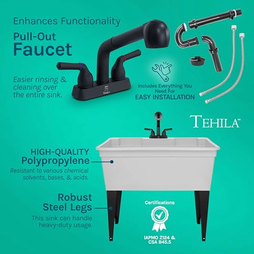 Tehila Freestanding Double-Wide Utility Sink with Steel Legs & Black Pull-Out Faucet, Multi-Purpose Heavy-Duty Laundry Tub and Kitchen Sink for Homes & Business, White - Thumbnail 5