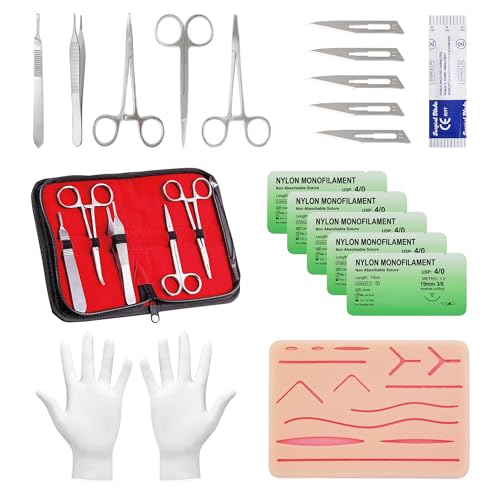 Suture Practice Kit for Medical and Vet Students, Include Reusable Silicone Suture Pad with 14 Pre-Cut Wounds, A Suture Tool Kit, 5 Suture Thread and Needles, Medical Supplies for Surgical Trainings