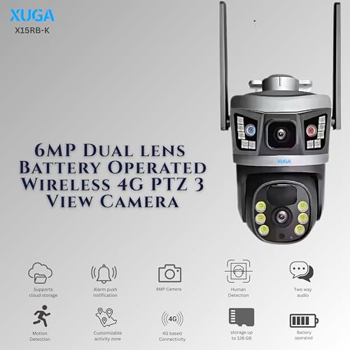 Image of XUGA - Cybernautt X15RB-K 6MP Dual Lens PTZ 4G Sim Wireless Outdoor CCTV Camera with Dual View | 360 | Night Vision | Siren Alarm| Outdoor | Gym | Farm | Home | Weatherproof | Use Air-tel 4G Sim