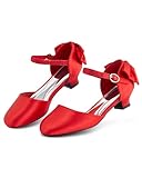 Coutgo Girls Dress Shoes Low Heel Mary Jane Bow Heels Princess Flower Wedding Party Pumps, Red, Size 4