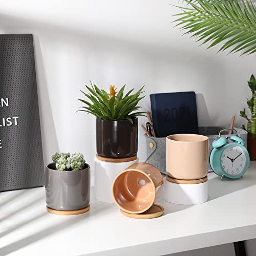 Omaykey 4 Inch Ceramic Plant Pot With Bamboo Saucer, Multicolor Bright Glazed Planters Pots With Drainage Hole And Mesh Pads For Succulent, Indoor Flowers, Snake Plants, Cactus, Herbs, Set Of 4 #TOP4