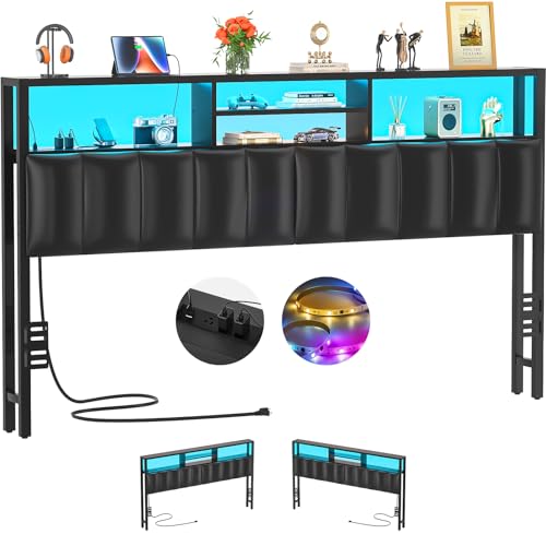 Image of Aheaplus Headboard for King Size Bed with Storage, Upholstered Headboards | with Outlets, USB Ports and LED Light, Reversible King Size Head Board, Height Adjustable, Comfortable Headboard, Black