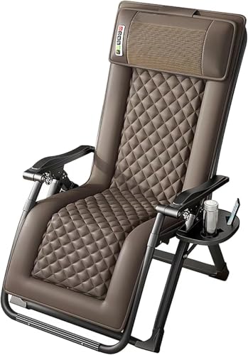 Oversized Zero Gravity Chair Folding with Massage Heating Function Back Adjustable Any Angle Lawn Recliner Reclining Patio Lounger Portable Chaise Holder (Beige) Brown