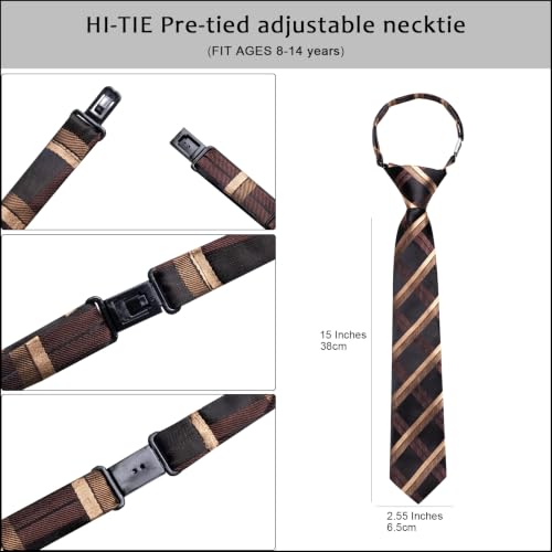 Image of Hi-Tie Boys Tie Pre-Tied Pocket Square Set Adjustable Kids Neckties Age 7-11 Years School UniForm Graduation