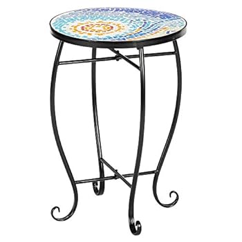 Alternative view of VINGLI Mosaic Accent Table, 14" Round Side Table,End Table, Plant Stand Decor for Patio Porch Beach Theme Balcony Back Deck Pool Indoor Outdoor Coffee, Metal Cobalt Glass Top Black Iron(Blue Hawaii)