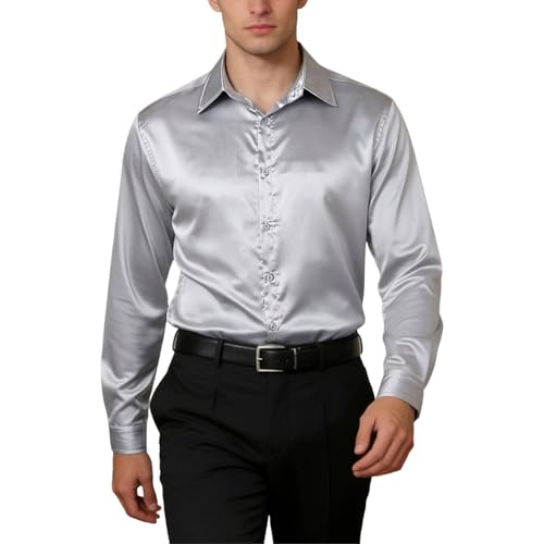 Camisa Informal para Hombre de Manga Larga con Diseño de Solapa y Acabado en Color Sólido (Grey, M) #109