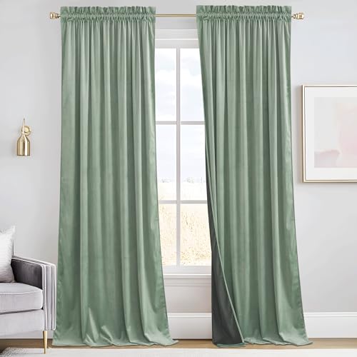 Image of RYB HOME Mint Green Velvet Drapes 90 inches for Coastal Bedroom Living Room | Thermal Insulated, Privacy, Sunlight UV Heat Blocking, Luxurious Decor, Dining Room Nursery, Rod Pocket, W52 x L90, 2 Panels