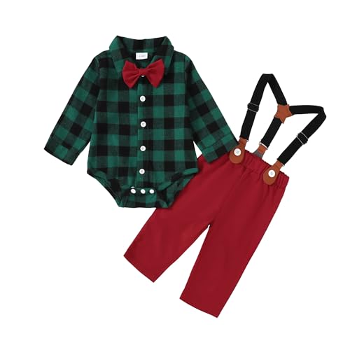 Image of WWXGDS Baby Boy Outfit Plaid Gentleman Romper+Adjustable Suspenders Pants +Bowtie Baby Boy Clothes