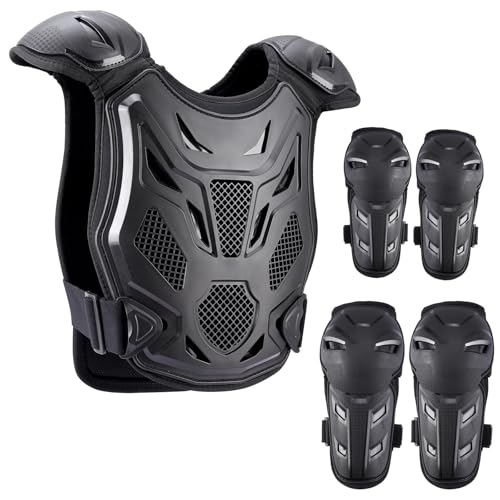 Protection Moto Enfant Equipement Pare Pierre Dorsale Protection pour VTT Ski Vélo Cross Genouillère Gilet 5 Pièces (Noir)