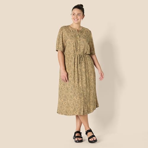Image of Amazon Essentials Women's Fit and Flare Half-Sleeve Breathable Button Front Drawstring Waist Midi A-Line Dress with Pockets