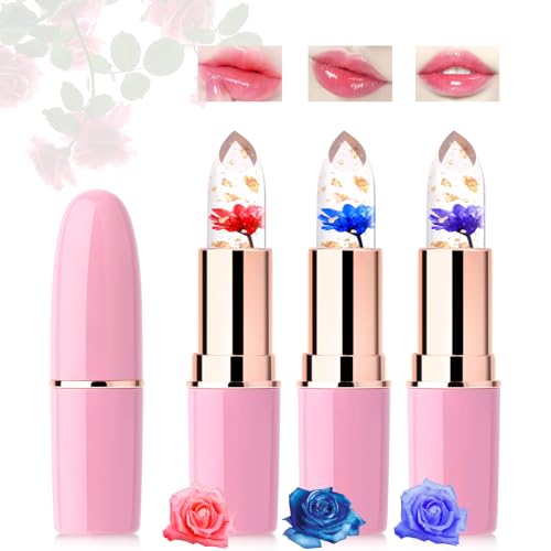 Desing Wish 3 Piezas Flor Pintalabios Magico Labial Cambia Color PH Labiales Barra de Labios Permanente Bálsamo Labial Hidratante Lip Tint Gloss Brillo Labios Lapiz Kit Maquillaje Regalo Mujeres Niña