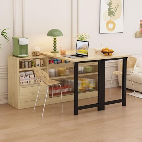 PUGSDRLY Table de Bar Extensible avec Rangement - Pivotant à 360 Degrés, Table Pliante Moderne avec Comptoir, 1 Tiroir et 2 Portes en Verre, Naturel (Style B)