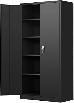 Metal Garage Storage Cabinet with 2 Doors and 4 Adjustable Shelves - 72" Steel Lockable File Cabinet,Locking Tool Cabinets for Office,Home,Garage,Gym,School Black
