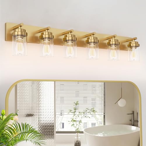 Image of IZORRO Bathroom Vanity Light Fixture, 6-Light 46 Inch Gold Bathroom Light Fixtures Over Mirror, with Clear Glass Shade, Modern Farmhouse Vanity Lights, Rustic Restroom Lighting Fixtures