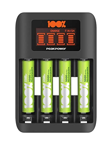 100% PeakPower Cargador de Pilas AAA y AA Super Rapido - Incluye 4 Pilas Recargables AAA de 800 mAh | Precargadas Listas para Usar | Indicador de Carga LED Cover