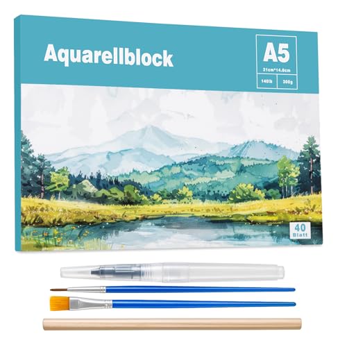 40 Blatt Aquarellpapier A5, Aquarellblock 300g/㎡ Malpapier mit Bleistift Pinsel Wassertankstift für DIY Basteln Zeichnen Gouache