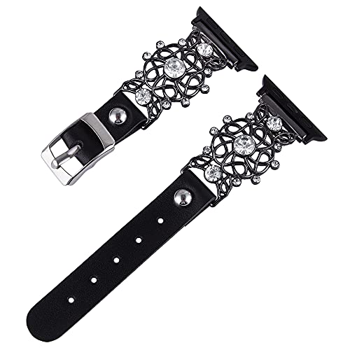 Vikoros Schmuckband kompatibel mit Apple Watch Bands 42 mm 44 mm iWatch Serie 6/5/4/3/2/1 SE Frauen Mädchen Leder Bling Diamanten Hollow Out Metall Dressy Armbänder Armband Zubehör Schwarz Cover