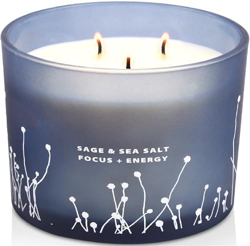 White Sage Sea Salt 3 Wick Candle - Large Soy Scented Candle 14.5 oz - Sage Candle for Cleansing House - Aromatherapy Energy Cleansing Candle for Home, Stress Relief, Women & Men