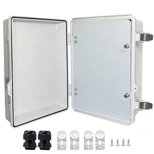 IP67 Waterproof Junction Box, ABS Plastic Electrical Enclosure with Stainless Steel Latch, Hinged Cover Electric Box with Inner Door, Wall Brackets &amp; Cable Glands 370x270x150