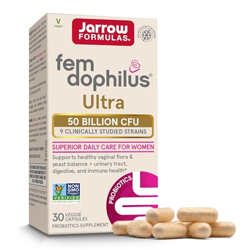 Jarrow Formulas Fem-Dophilus Vaginal & Digestive Probiotic 50 Billion CFU 9 Clinically-Studied Strains for Vaginal Flora & Yeast Balance Urinary Tract Digestive & Immune Support 30 Capsules