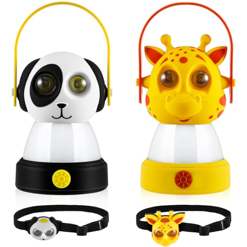 VIHOSE 2 Set Kids LED Camping Lantern and Headlamp 4 Pcs Animal Themed Camping Equipment Nightlight Battery Powered Night Light for Emergency Hurricane Lightweight Tent Lamp for Children(Dog, Giraffe)