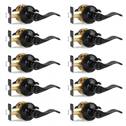 Probrico Matte Black Wave Style Privacy Door Levers, Reversible Bed/Bath Door Levers, Interior Keyless Door Handles for Right/Left Handed Doors, 10 Pack