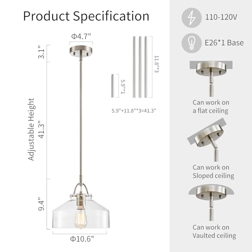 Image of WUZUPS Chandelier Rustic Farmhouse Industrial Round Ceiling Pendant LED Light Fixture with Clear Glass Shades for Dining Room Kitchen Island Foyer Entryway, H 9.4 inch x W 10.6 inch, E26 Base, Brushed Nickel