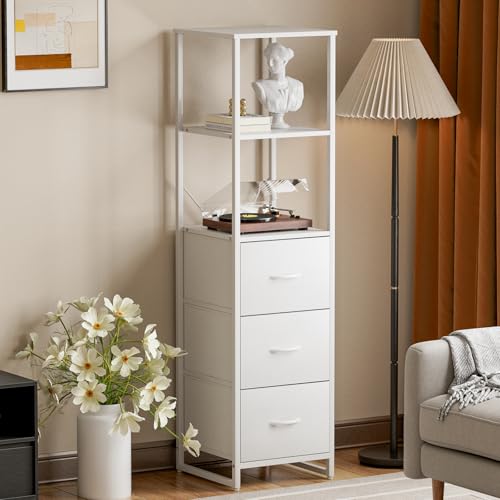 IKIFLY チェスト収納 タンス スリム ハイチェスト棚付き 軽量 布製 衣装ケース 洋服タンス 衣類収納 大容量 リビング収納 脱衣所 洗面所 収納棚 本棚 布製引き出し 整理タンス 寝室収納 一人暮らし5段3杯 【幅44×奥行40×高さ155cm】 (ホワイト)