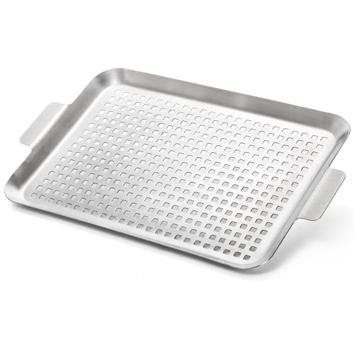 Nicunom 2 Pack Grilling Pans, BBQ Grill Topper Stainless Steel Grill Tray Grid Grill Basket Non-Stick, Outdoor Grill Accessories for Barbecue, Meat, Vegetables, Seafood, 10\"x16.5\"