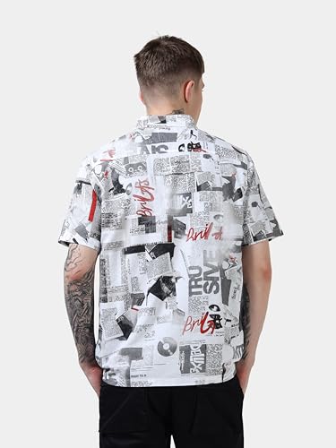 Image of StitchX Men's Half Sleeve Textured Cotton Newspaper Printed Shirt