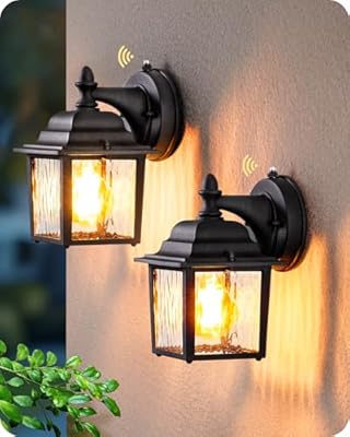 EDISHINE 2 Pack Outdoor Porch Light, Dusk to Dawn Exterior Lighting Fixtures, Modern Outdoor Wall Lights Fixture, Clear Water Ripple Glass, Anti-Rust Waterproof for Front Door Garage Patio, Black