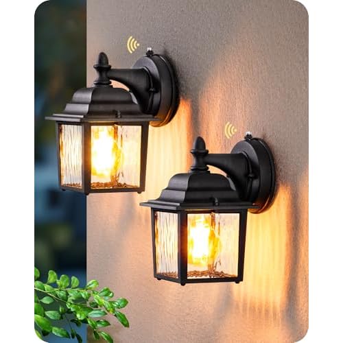 EDISHINE 2 Pack Outdoor Porch Light, Dusk to Dawn Exterior Lighting Fixtures, Modern Outdoor Wall Lights Fixture, Clear Water Ripple Glass, Anti-Rust Waterproof for Front Door Garage Patio,