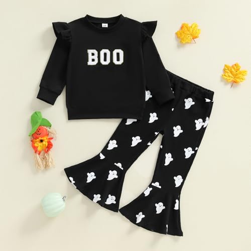 Toddler Baby Girl Halloween Clothes 2 Piece Bell Bottom Outfit Long Sleeve Ghost Pumpkin Sweatshirt Flare Pants Set4