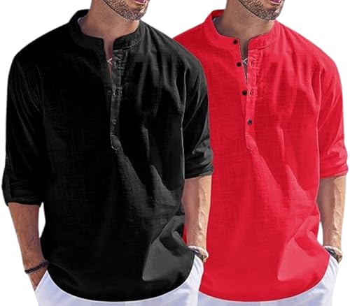 Image of Men's Cotton Blend Straight Kurta Shirt Combo with Mandarin Collar - Slim Fit Casual Short Kurti Set Featuring Textured Slub Fabric and Roll-Up Full Sleeves